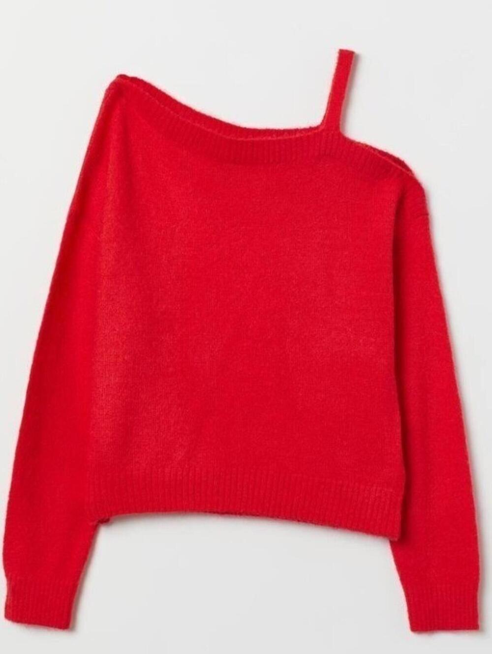 H&M Divided $28 Medium Red One Shoulder Cutout Pullover Cropped Knit Sweater